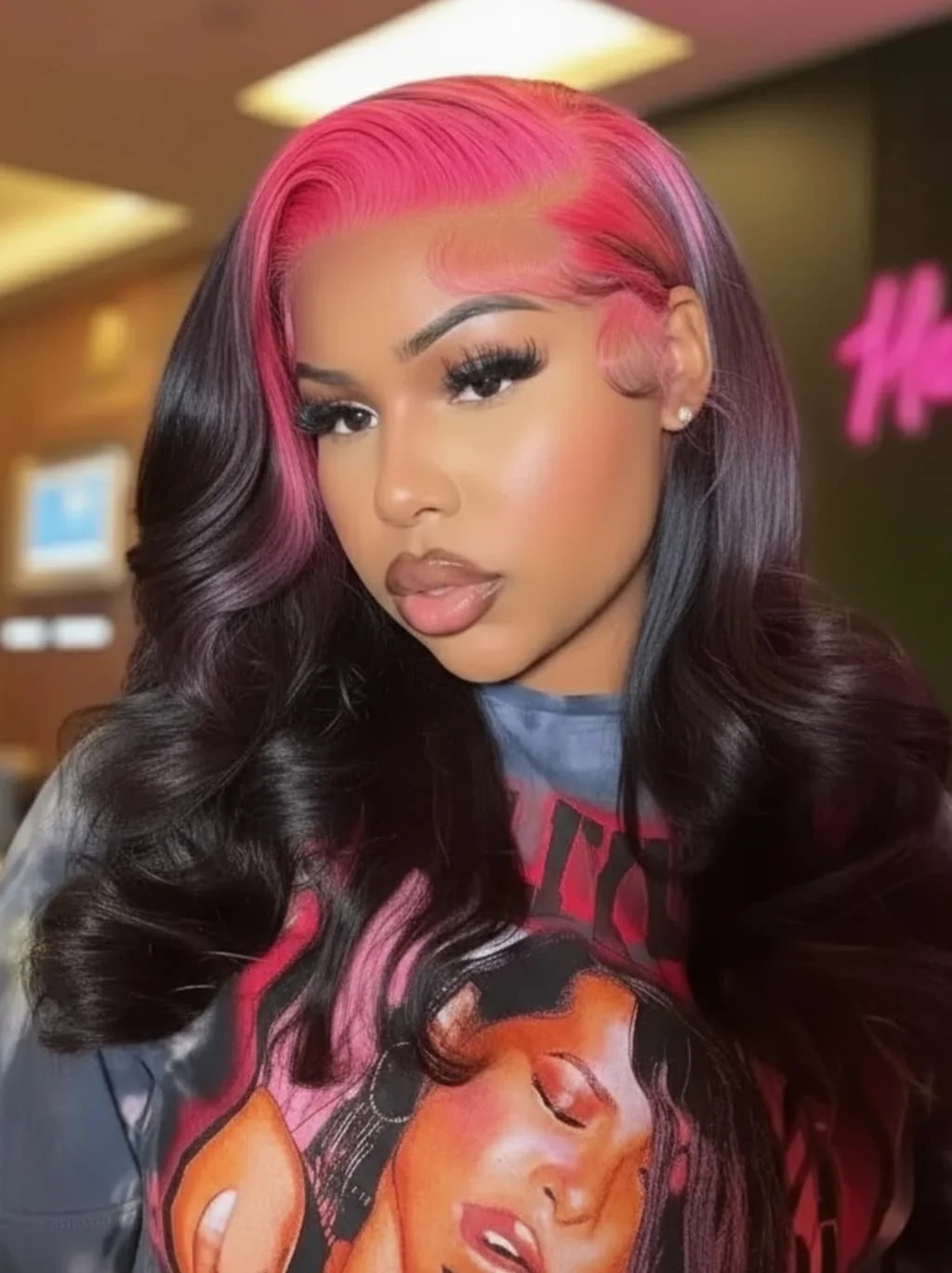 Dorsanee Black With Hot Pink Roots 13x4 Lace Front Human Hair Wigs 200 Density - Image 2