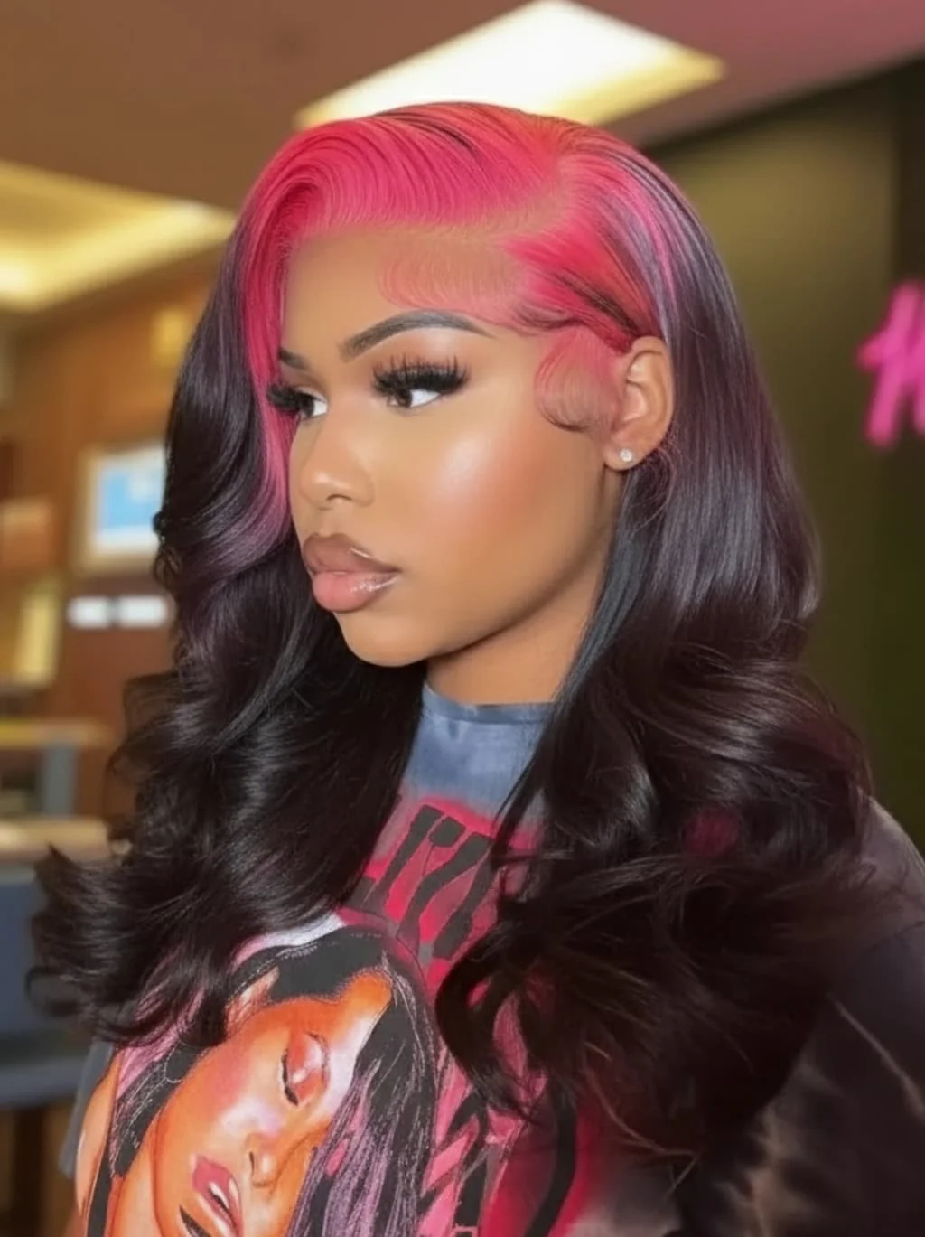 Dorsanee Black With Hot Pink Roots 13x4 Lace Front Human Hair Wigs 200 Density - Image 3