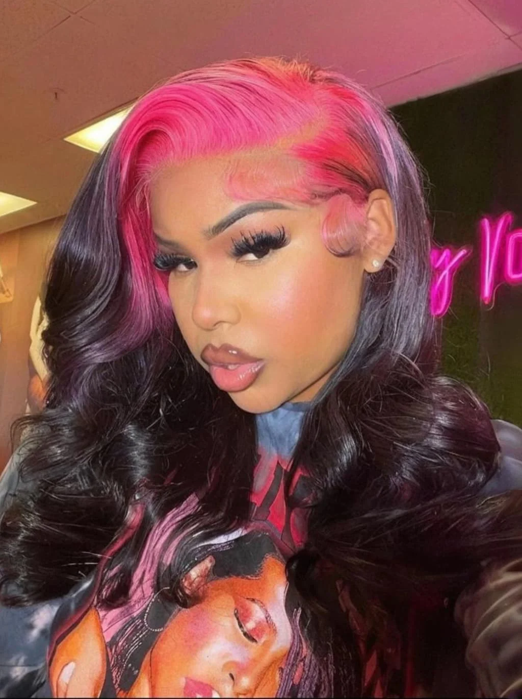 Dorsanee Black With Hot Pink Roots 13x4 Lace Front Human Hair Wigs 200 Density - Image 4
