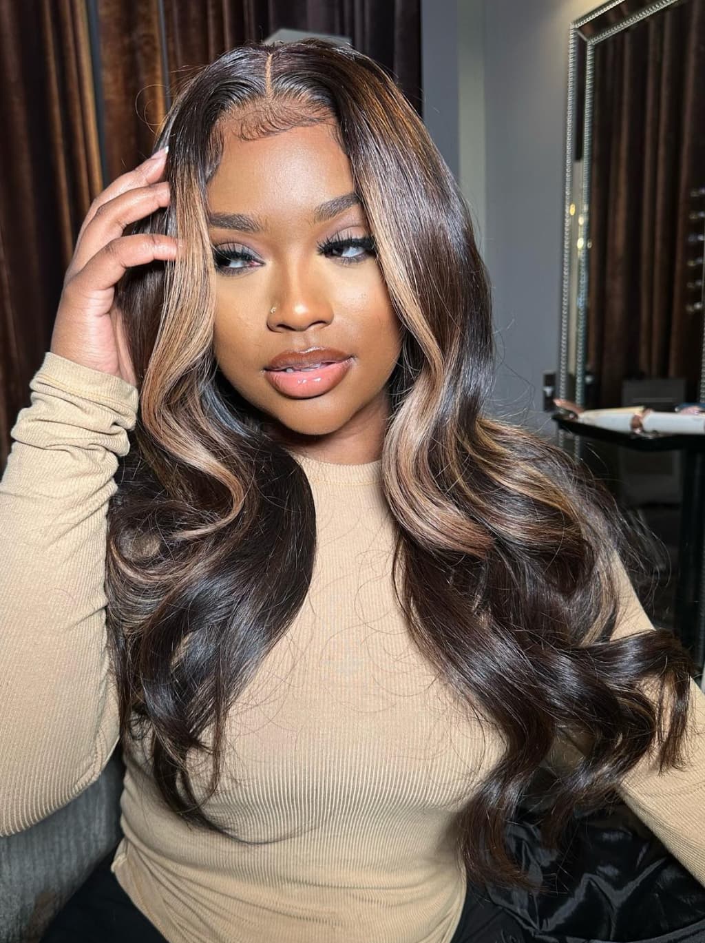 Dorsanee Black With Light Brown Skunk Stripe 13x4 Lace Front Human Hair Wigs 200 Density - Image 3