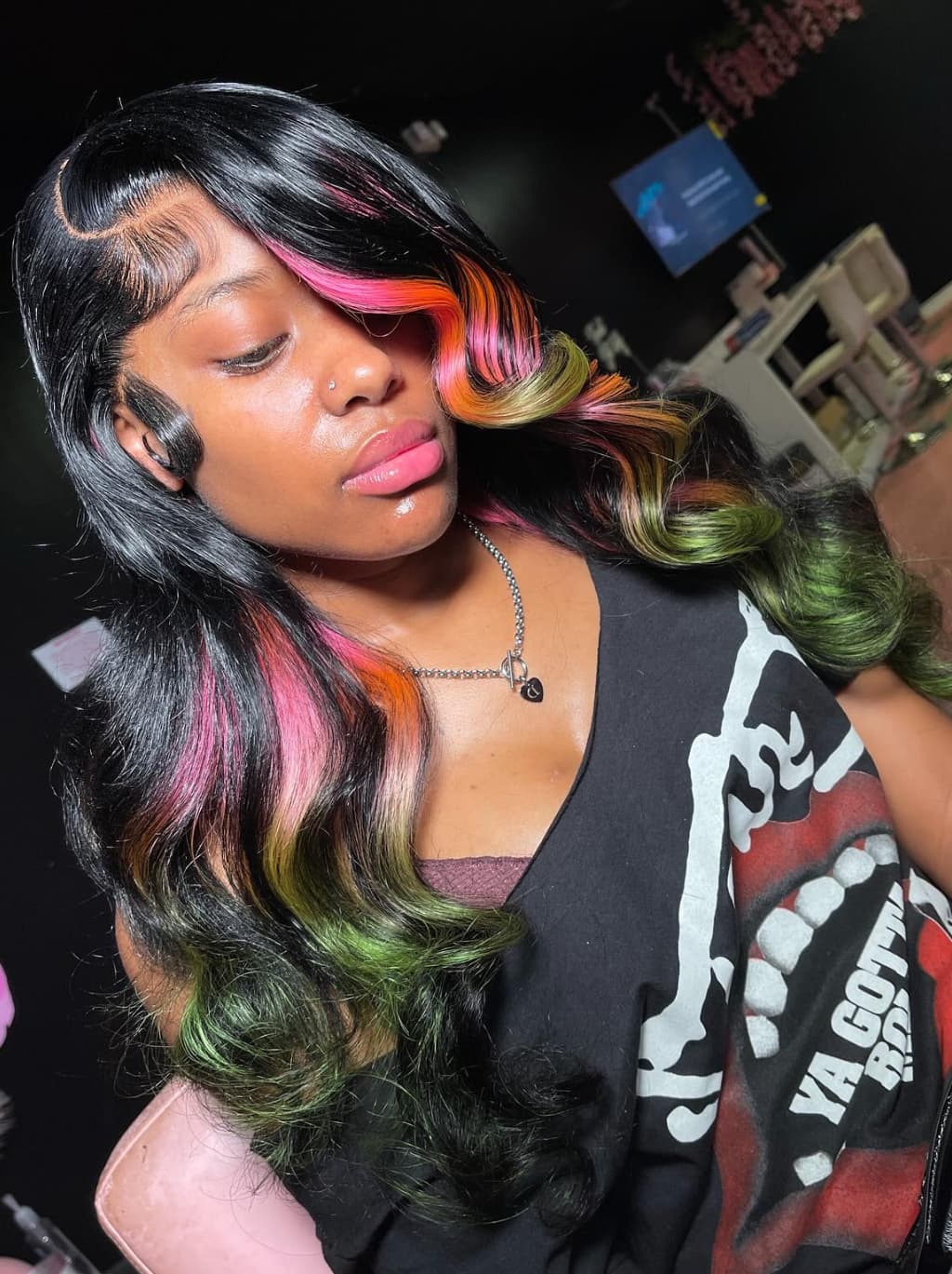 Dorsanee Black With Ombre Pink Ginger Green Streaks 13x4 Lace Front Human Hair Wigs 200 Density - Image 4