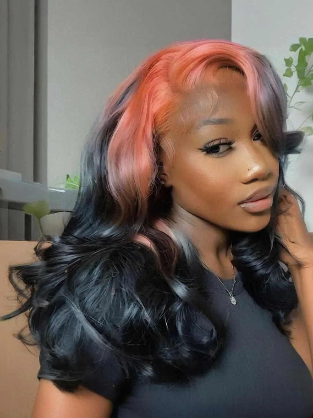 Dorsanee Black With Peach Pink Roots 13x4 Lace Front Human Hair Wigs 200 Density - Image 2