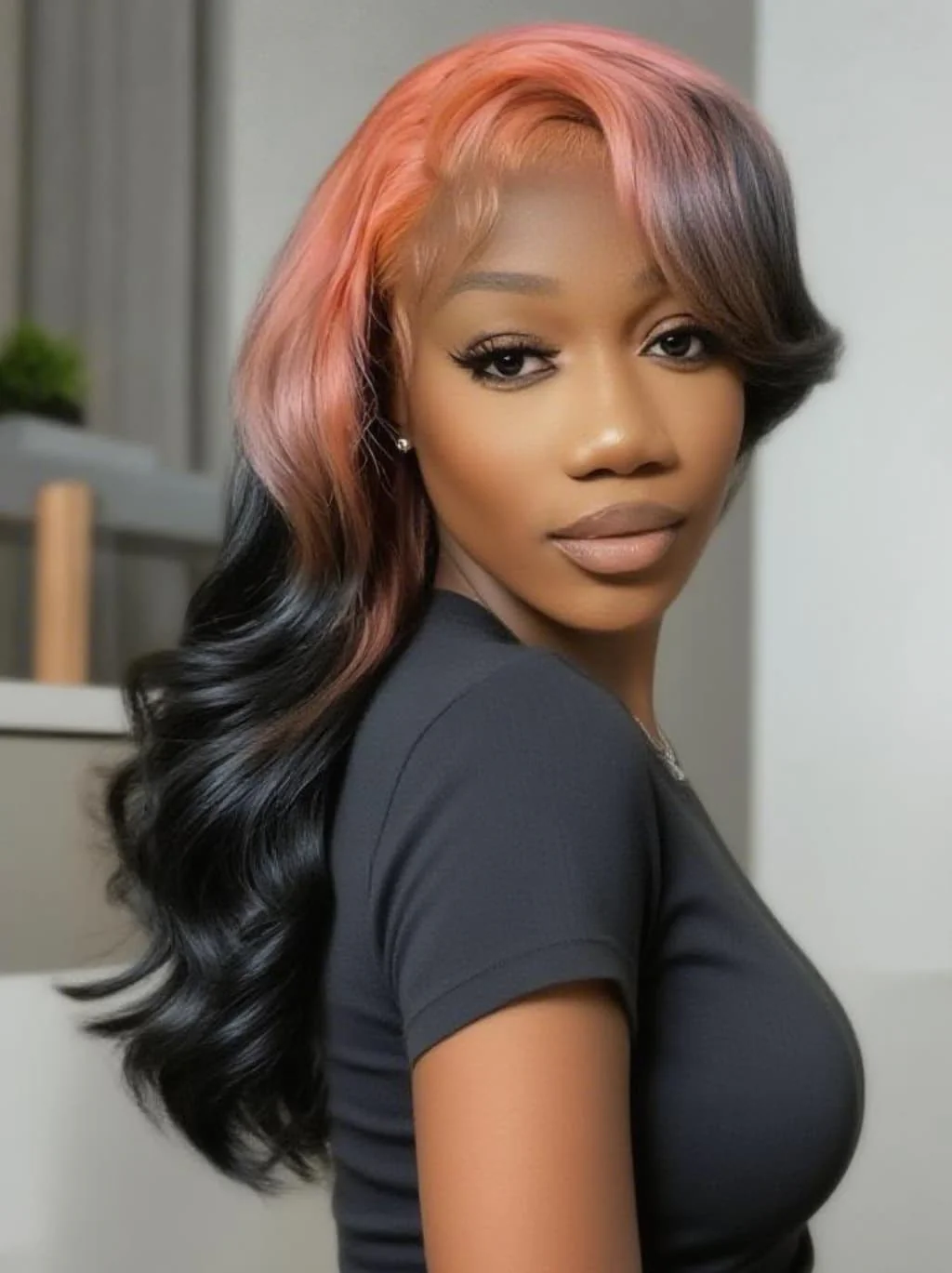 Dorsanee Black With Peach Pink Roots 13x4 Lace Front Human Hair Wigs 200 Density - Image 4