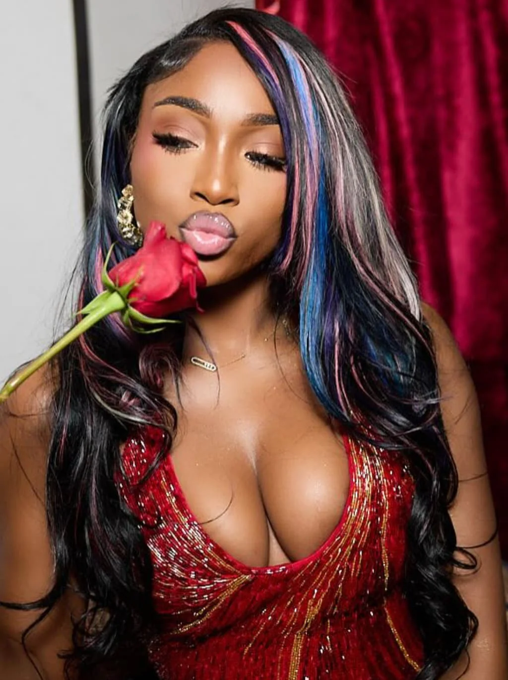 Dorsanee Black With Pink Blue Purple Highlights 13x4 Lace Front Human Hair Wigs - Image 2