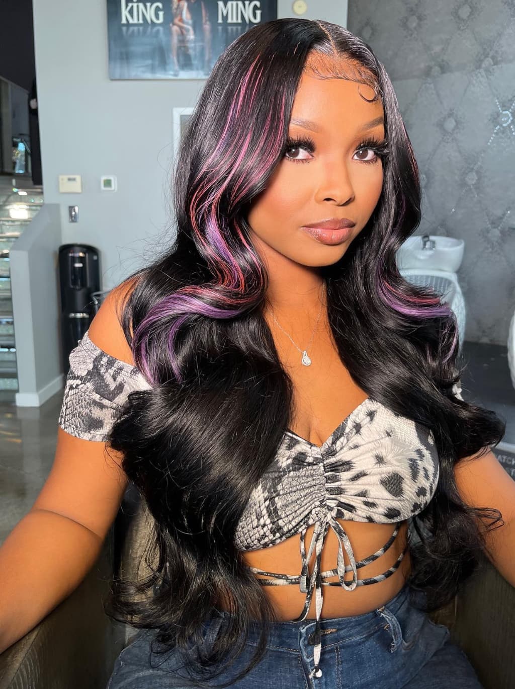 Dorsanee Black With Pink Purple Highlights 13x4 Lace Front Human Hair Wigs 200 Density - Image 2
