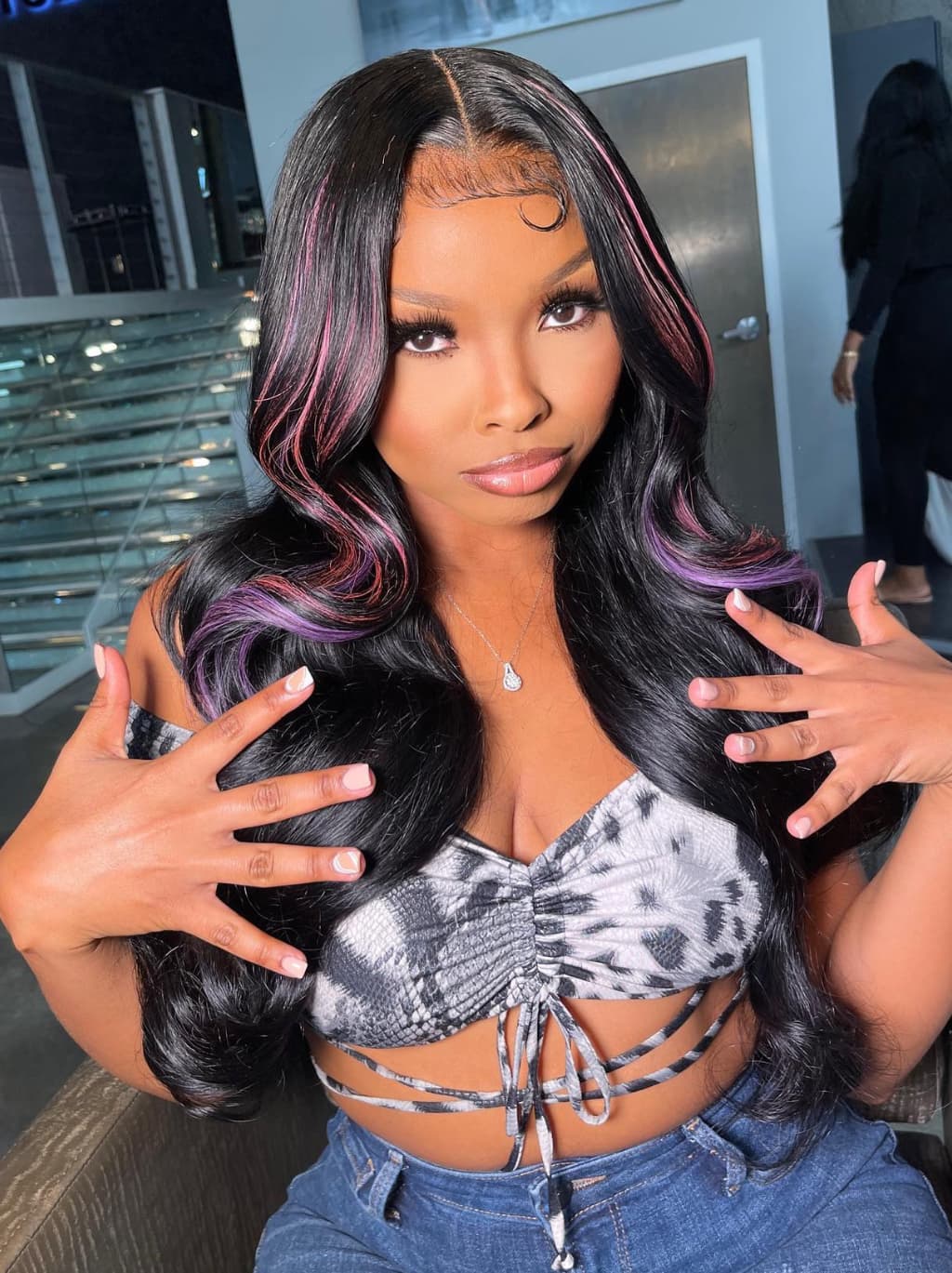 Dorsanee Black With Pink Purple Highlights 13x4 Lace Front Human Hair Wigs 200 Density - Image 3