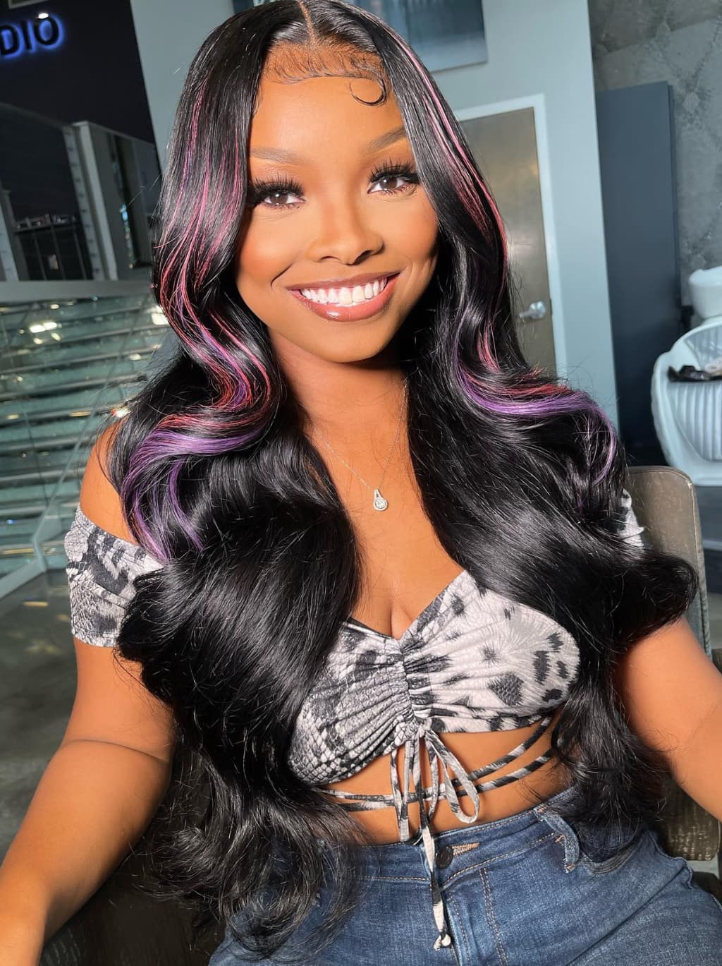 Dorsanee Black With Pink Purple Highlights 13x4 Lace Front Human Hair Wigs 200 Density - Image 4