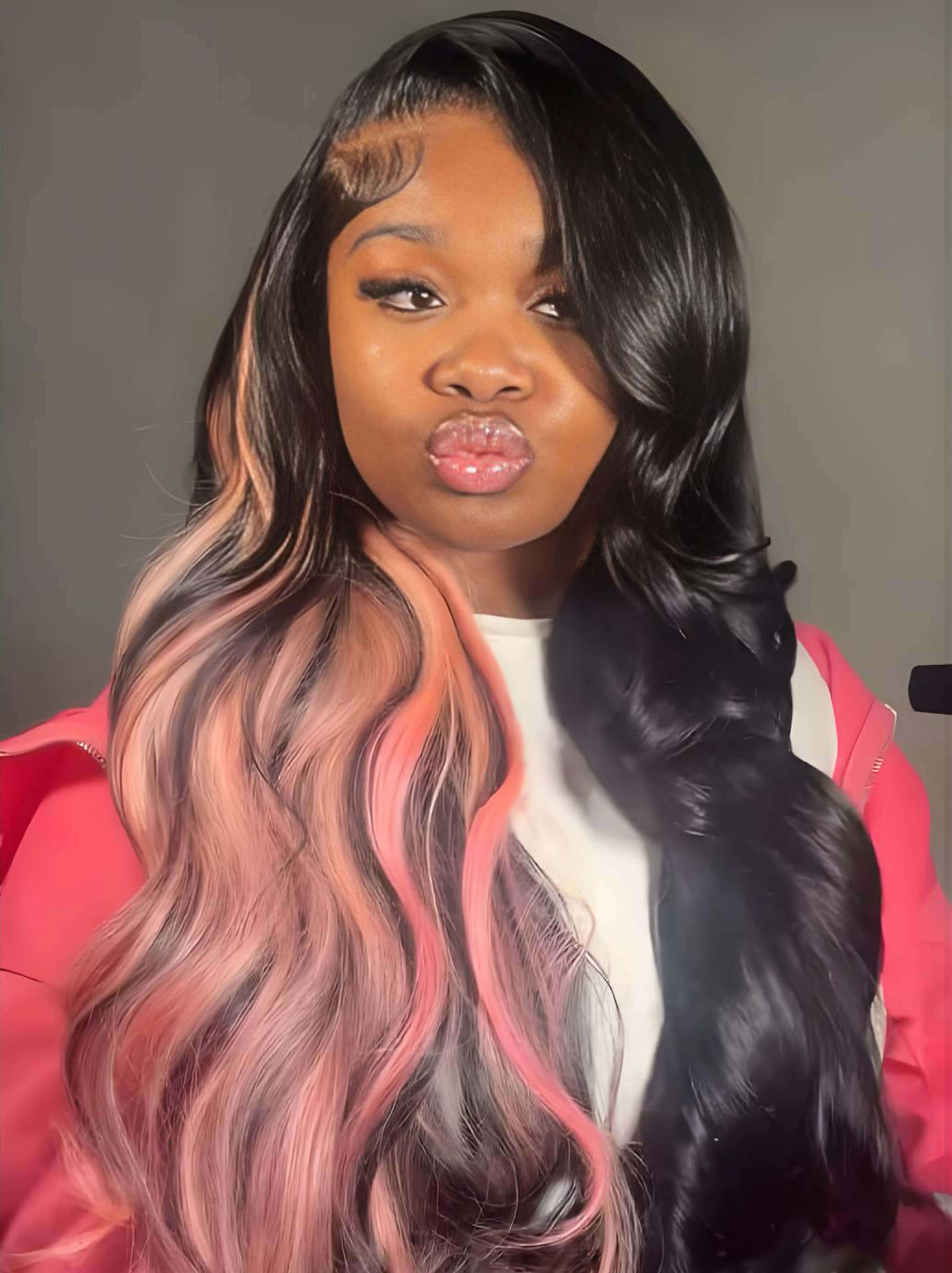 Dorsanee Black With Pink Streaks 200 250 Density 13x4 Lace Front Human Hair Wigs - Image 2