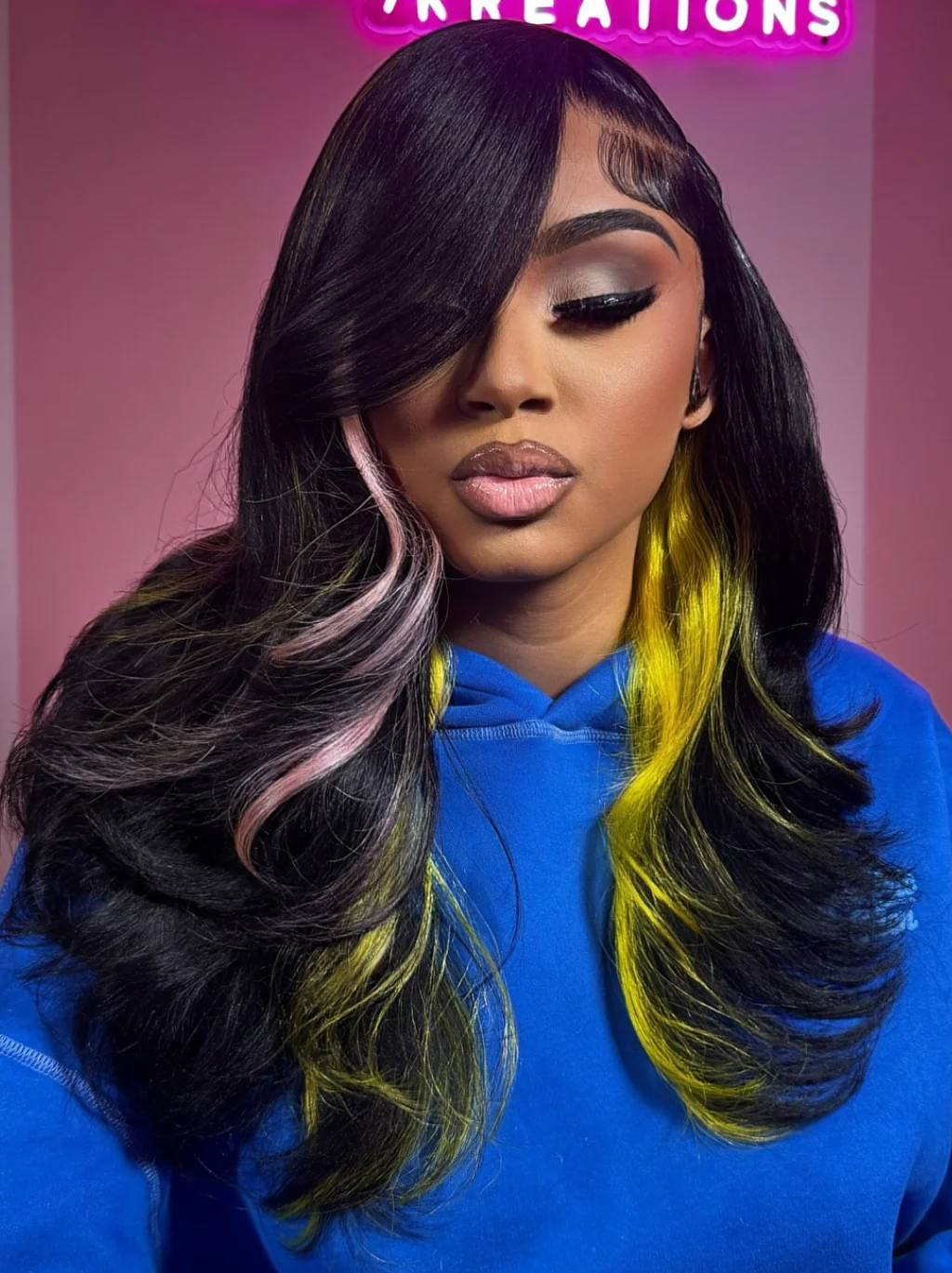 Dorsanee Black With Pink Yellow Highlights 13x4 Lace Front Virgin Human Hair Wigs - Image 2