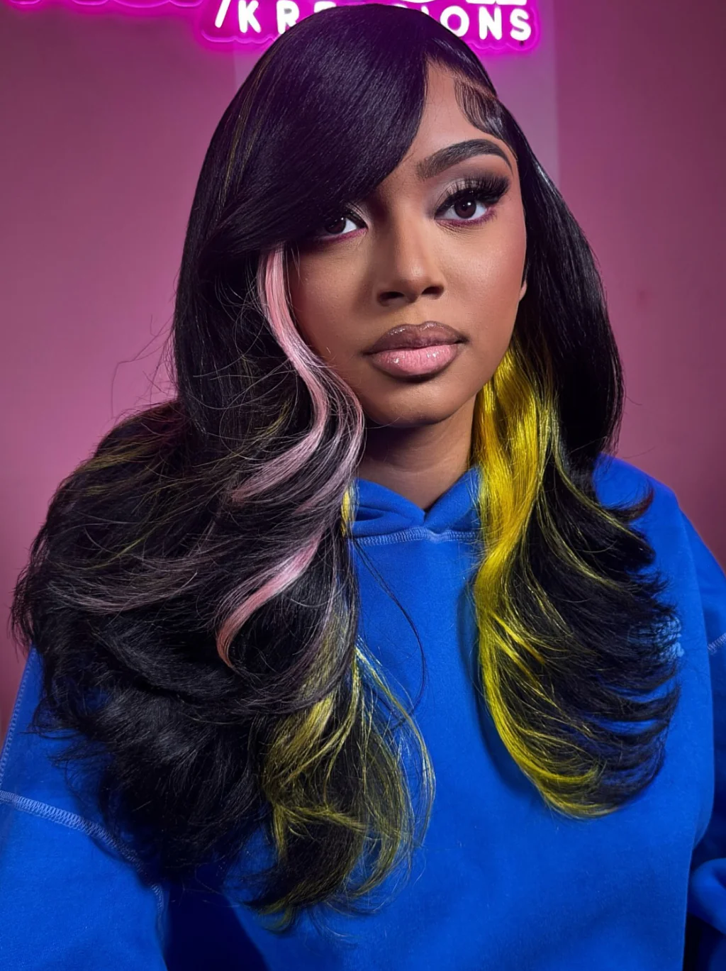 Dorsanee Black With Pink Yellow Highlights 13x4 Lace Front Virgin Human Hair Wigs - Image 3