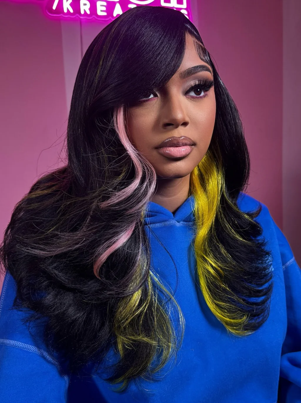 Dorsanee Black With Pink Yellow Highlights 13x4 Lace Front Virgin Human Hair Wigs - Image 4