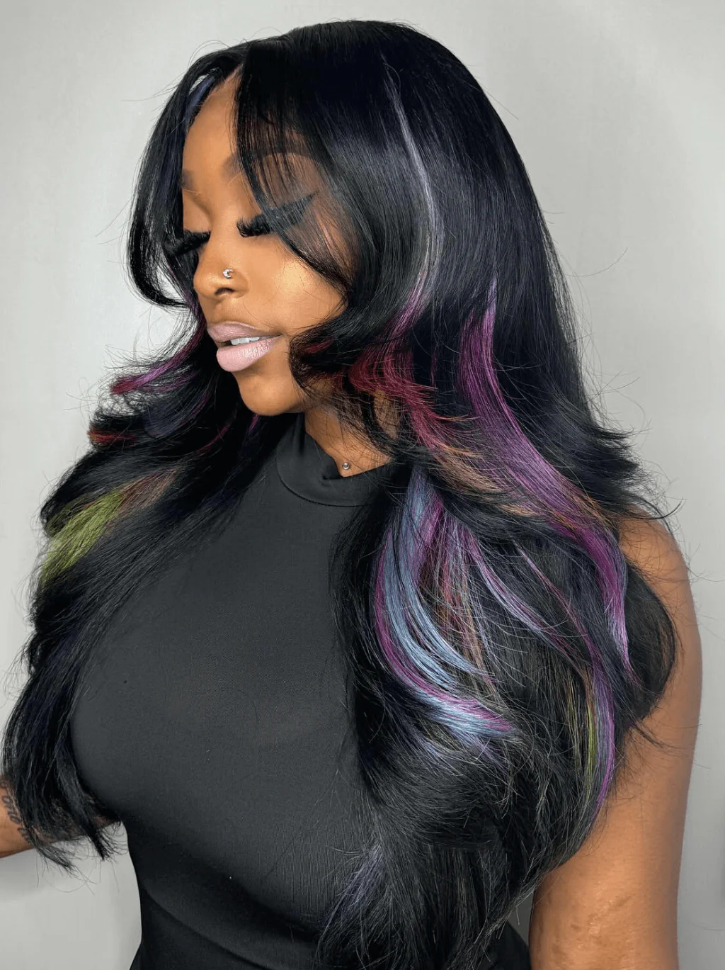 Dorsanee Black with Purple Green Blue Highlight Streaks Virgin Human Hair Wigs - Image 2