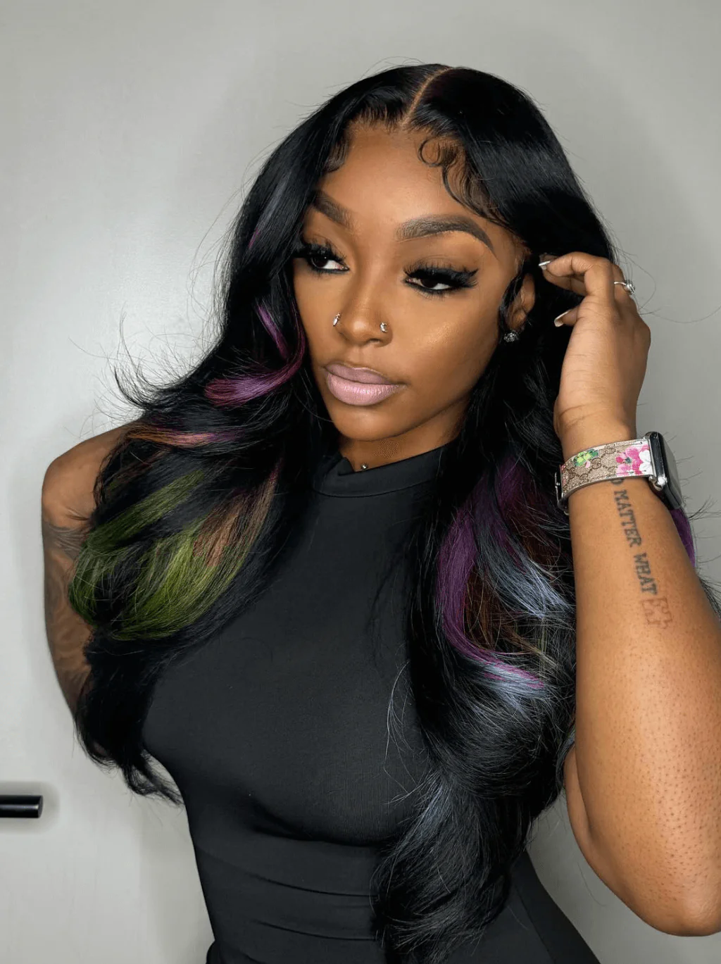 Dorsanee Black with Purple Green Blue Highlight Streaks Virgin Human Hair Wigs - Image 3