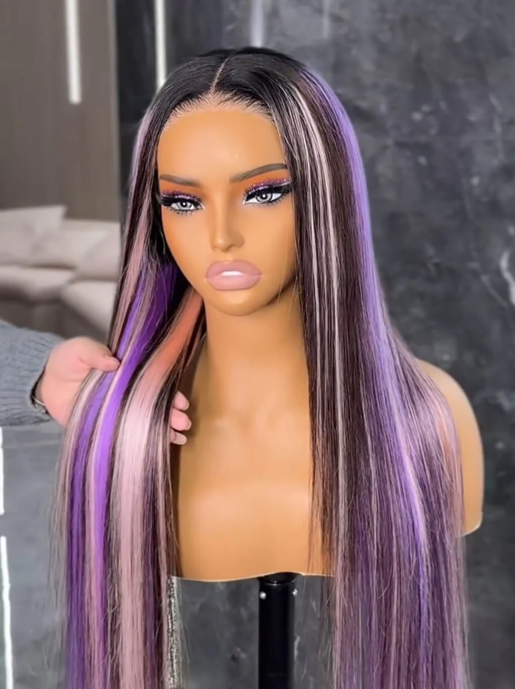 Dorsanee Black With Purple Lavender Highlights Dark Root 13x4 Lace Front Human Hair Wigs - Image 4