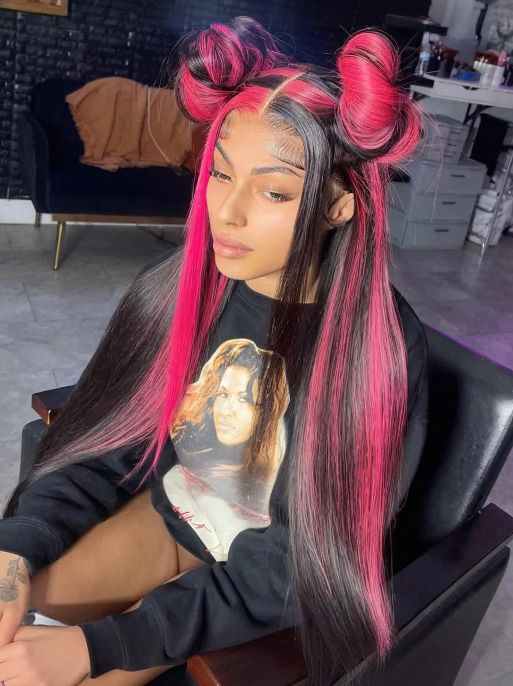 Dorsanee Black With Red Highlight Streaks 13x4 Lace Front Human Hair Wigs - Image 3