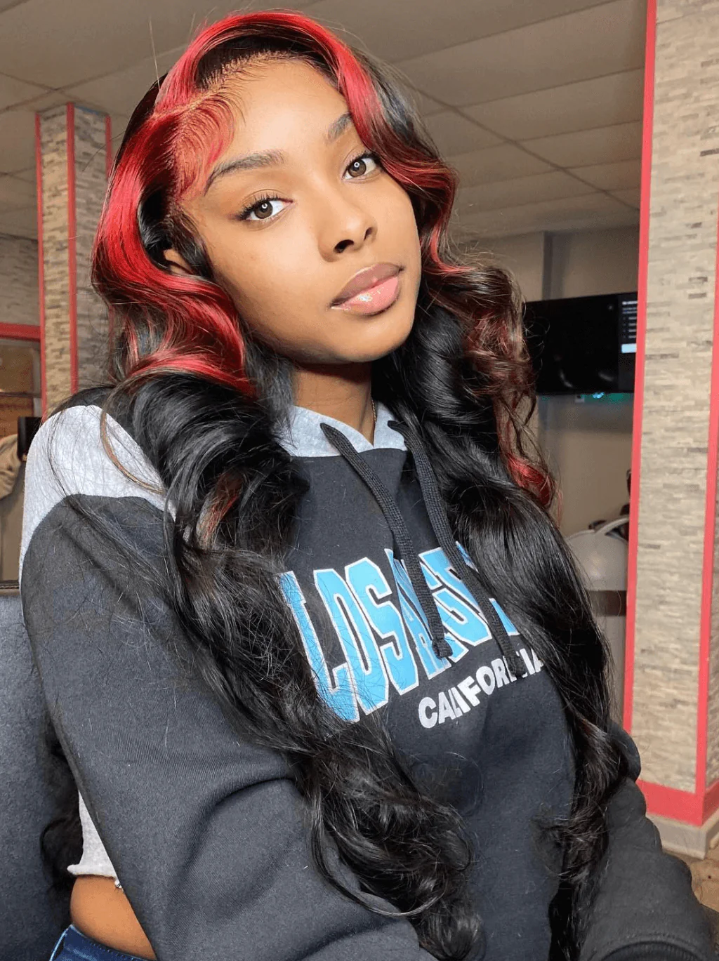 Dorsanee Black With Red Skunk Stripe Highlights 13x4 Lace Front Human Hair Wigs - Image 3