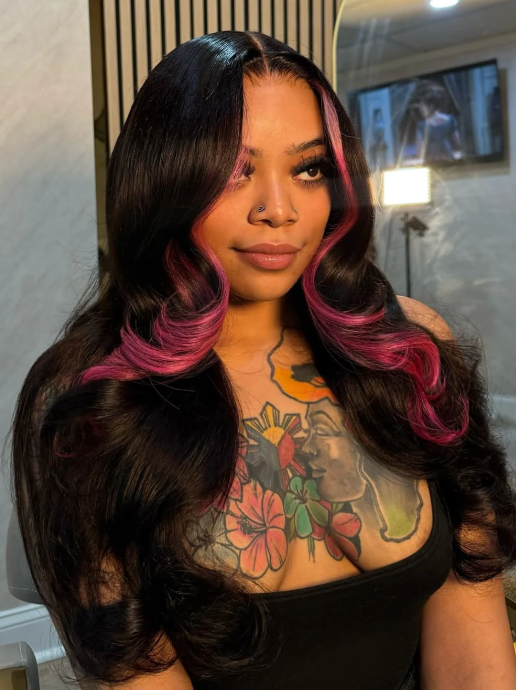 Dorsanee Black with Rose Pink Face-Framing Skunk Stripe 13x4 Lace Front Human Hair Wigs 200 Density - Image 2