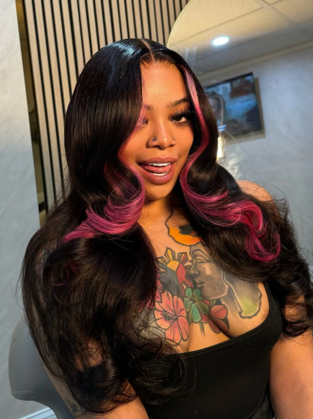 Dorsanee Black with Rose Pink Face-Framing Skunk Stripe 13x4 Lace Front Human Hair Wigs 200 Density - Image 3