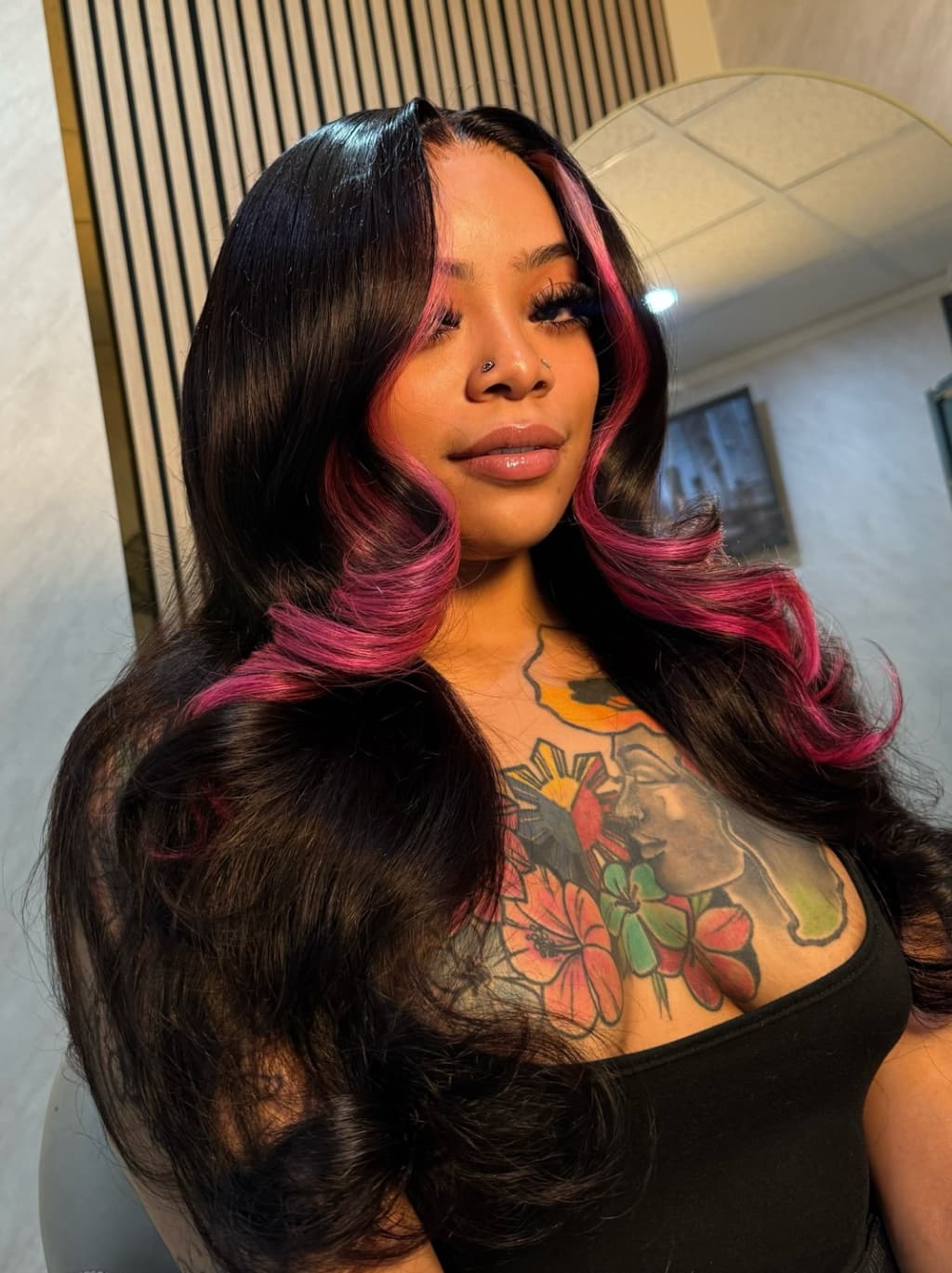 Dorsanee Black with Rose Pink Face-Framing Skunk Stripe 13x4 Lace Front Human Hair Wigs 200 Density - Image 4
