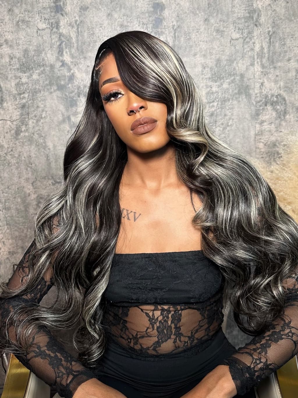 Dorsanee Black with Silver Grey Brown Highlights 13x4 Lace Front Human Hair Wigs 200 Density - Image 3