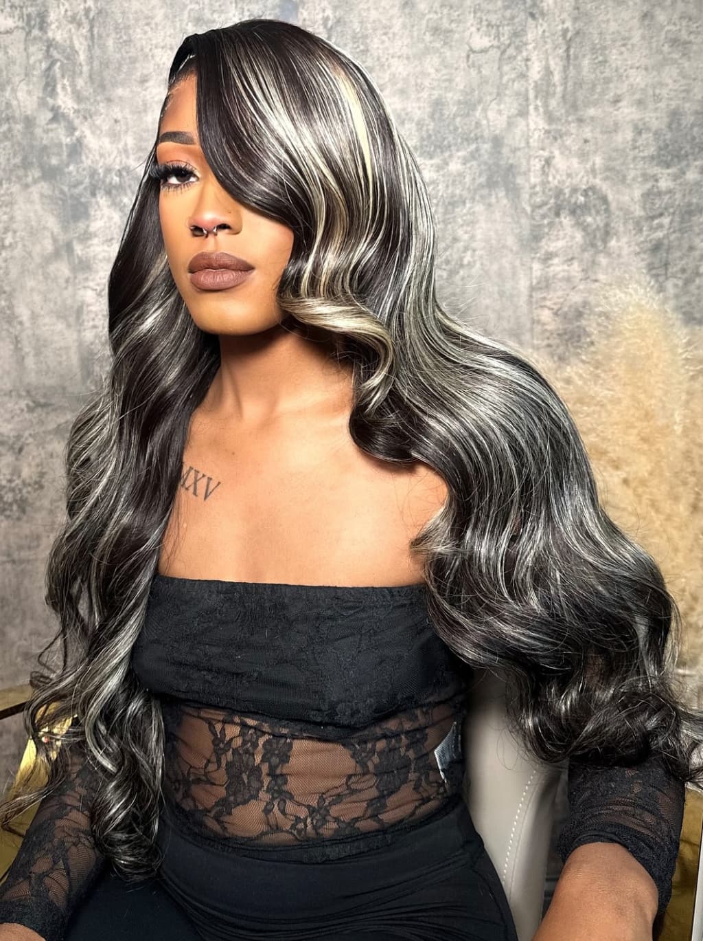 Dorsanee Black with Silver Grey Brown Highlights 13x4 Lace Front Human Hair Wigs 200 Density - Image 4