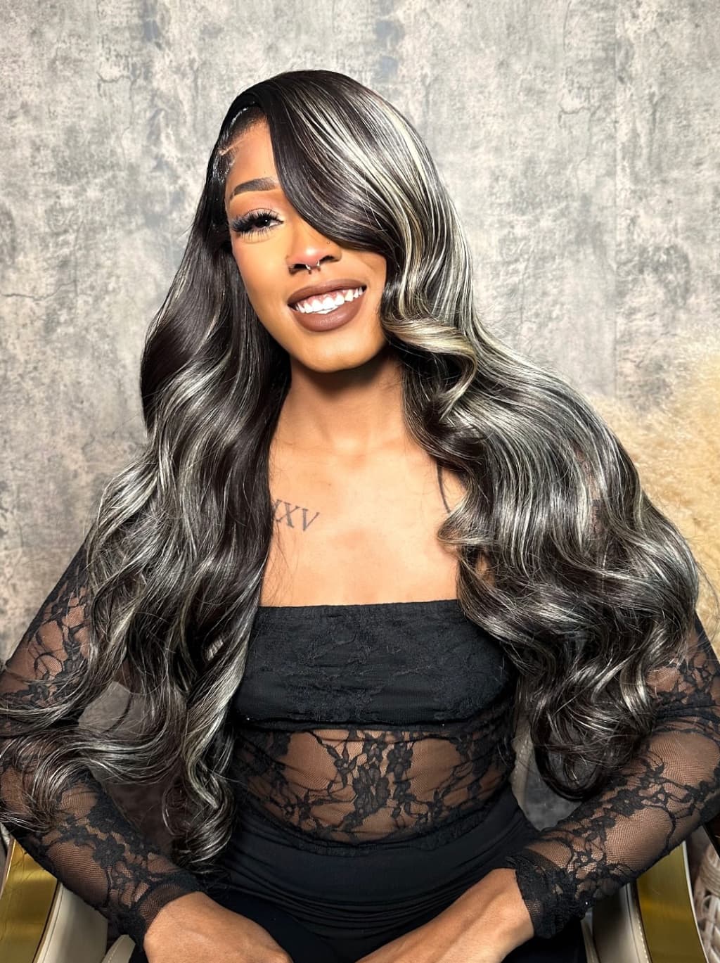 Dorsanee Black with Silver Grey Brown Highlights 13x4 Lace Front Human Hair Wigs 200 Density - Image 5