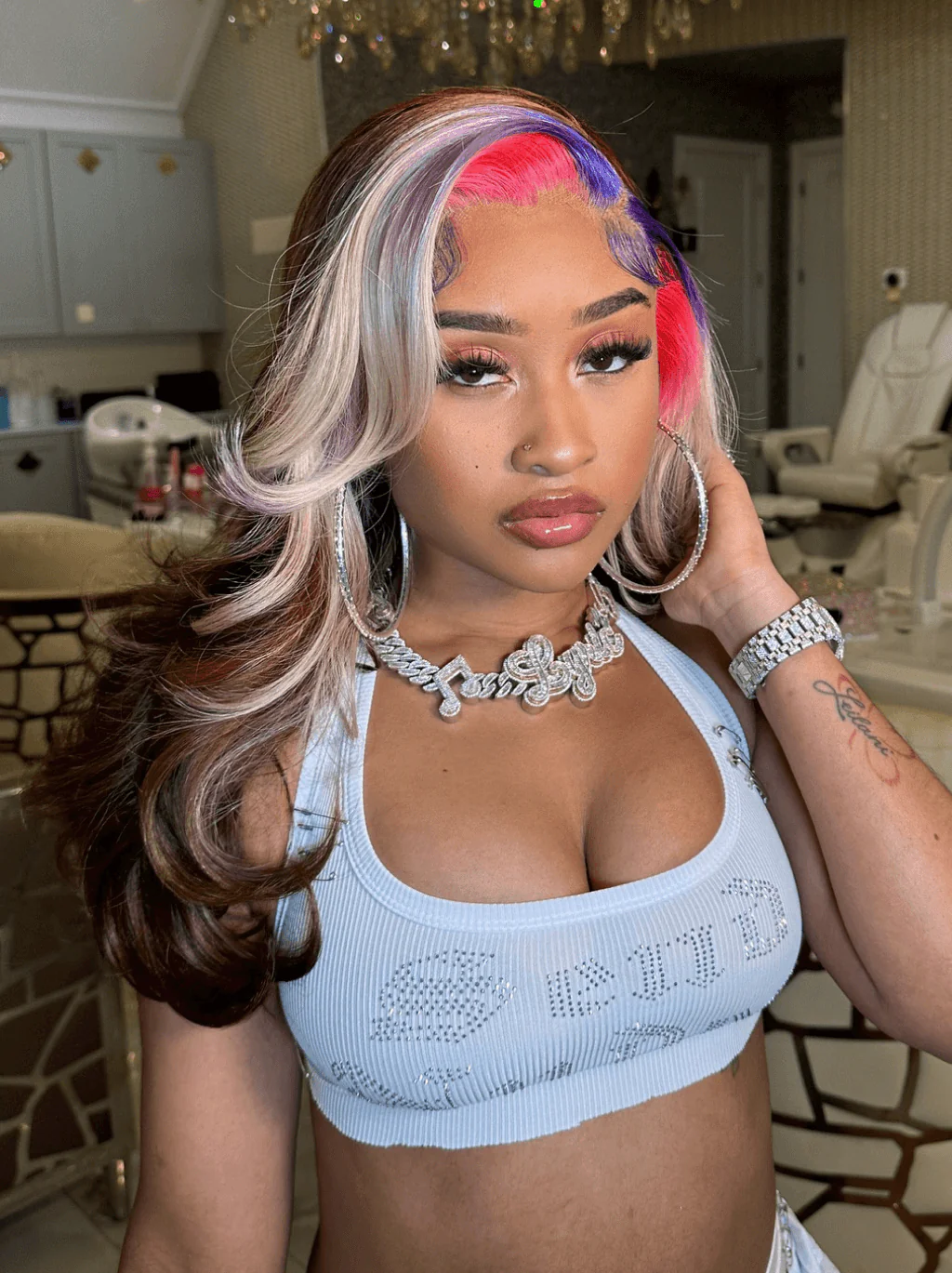 Dorsanee Blonde Blue Red Skunk Stripe Chocolate Brown Lace Front Human Hair Wig - Image 3