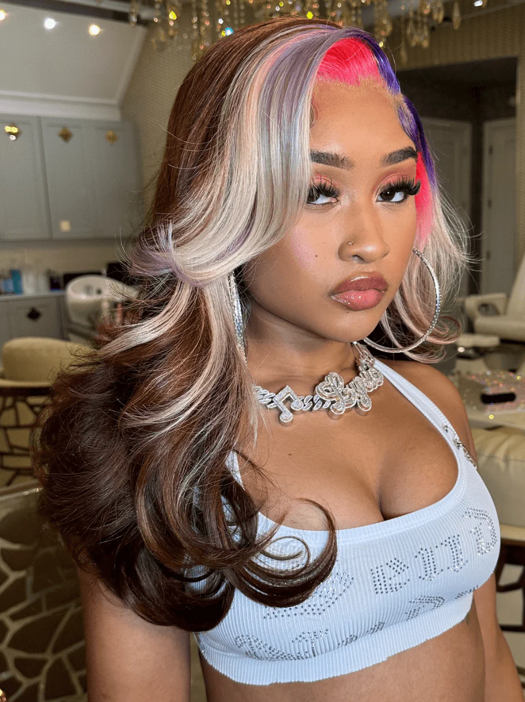Dorsanee Blonde Blue Red Skunk Stripe Chocolate Brown Lace Front Human Hair Wig - Image 5