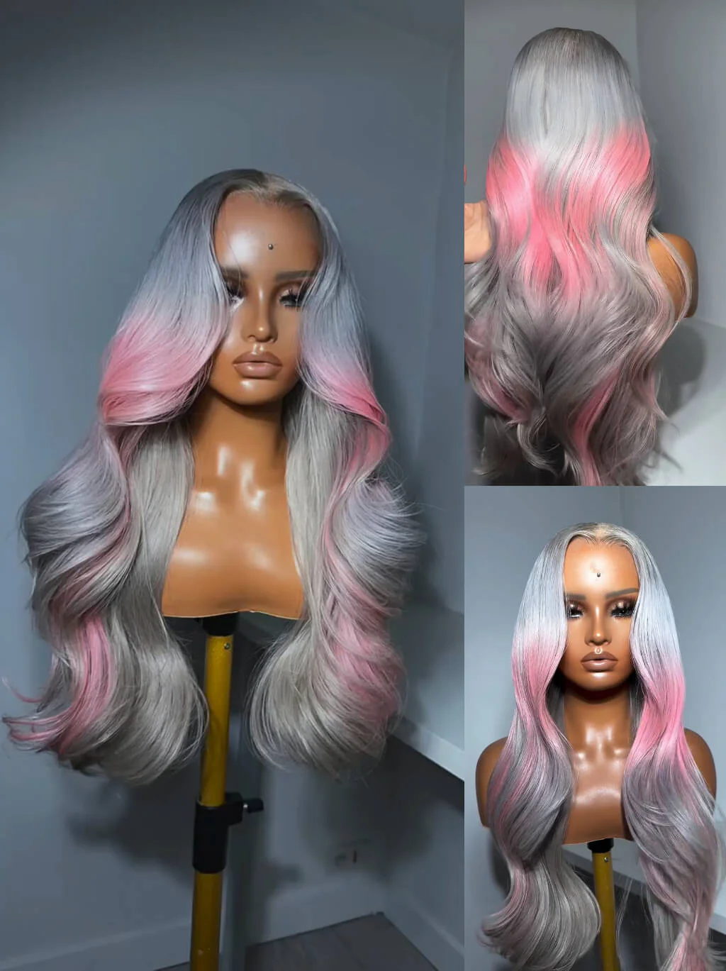 Dorsanee Ombre Gray Pink Straight Body Wave HD Lace Front Virgin Human Hair Wig - Image 3