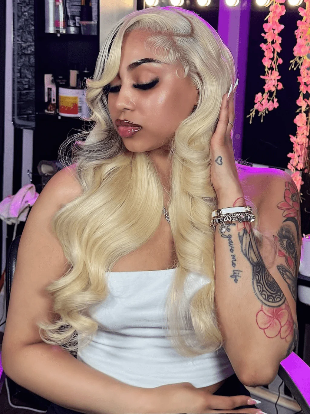 Dorsanee Blonde With Black Highlight Streaks 13x4 HD Lace Front Human Hair Wigs - Image 2