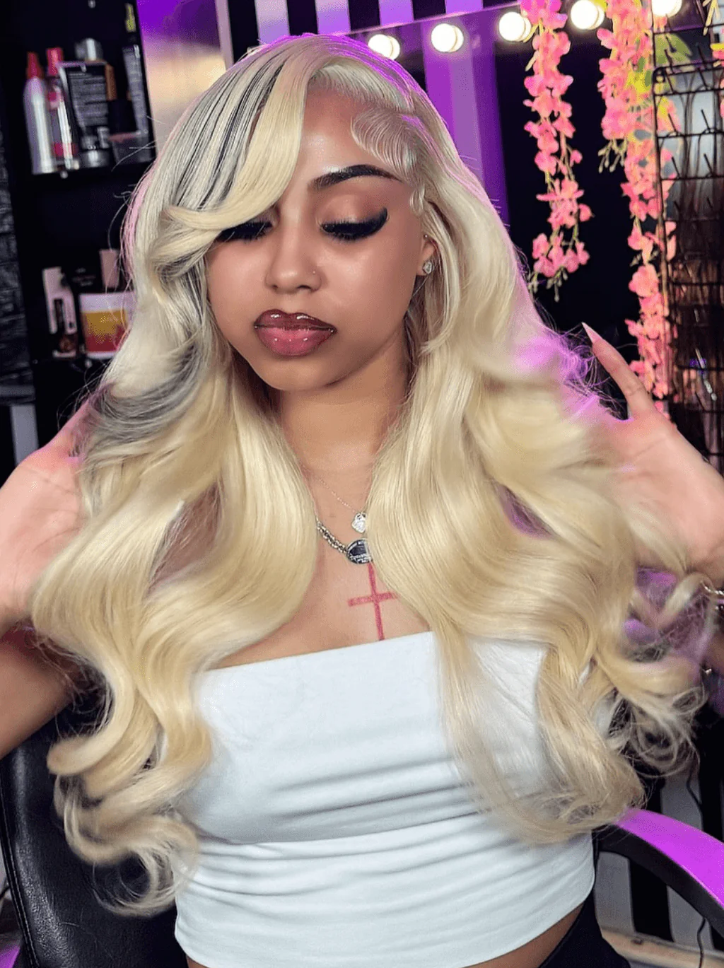 Dorsanee Blonde With Black Highlight Streaks 13x4 HD Lace Front Human Hair Wigs - Image 3