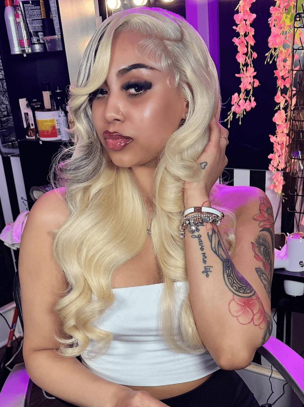 Dorsanee Blonde With Black Highlight Streaks 13x4 HD Lace Front Human Hair Wigs - Image 4