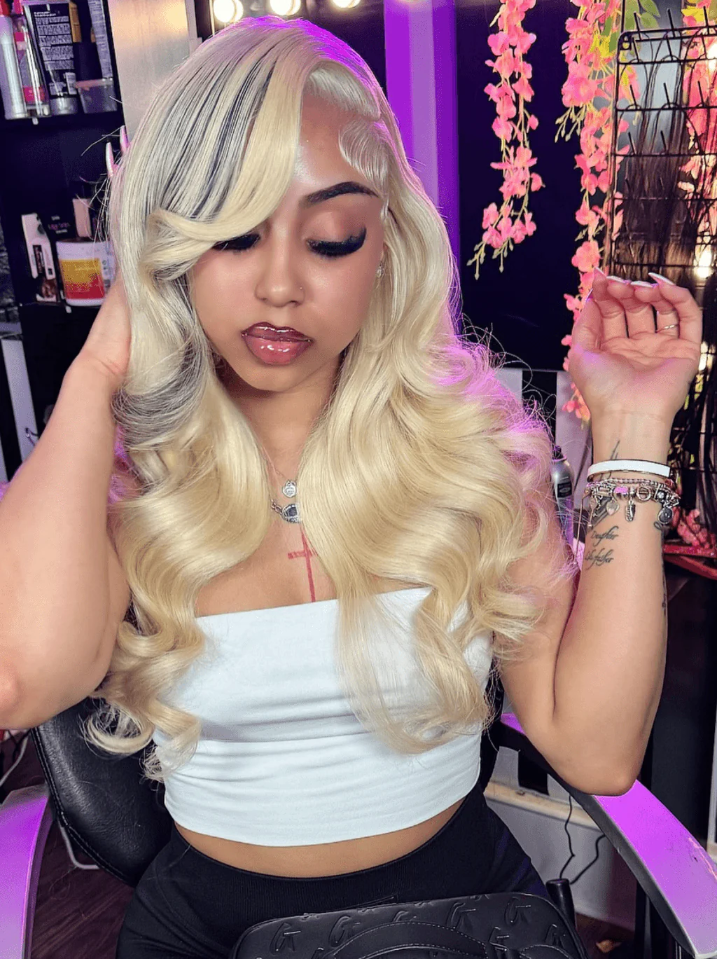 Dorsanee Blonde With Black Highlight Streaks 13x4 HD Lace Front Human Hair Wigs - Image 5