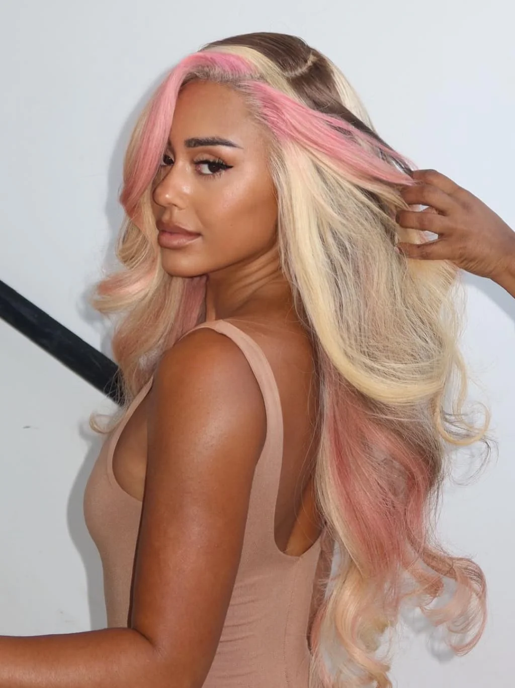 Dorsanee Blonde With Pink Skunk Stripe Brown Streak 13x4 Lace Front Human Hair Wig - Image 3