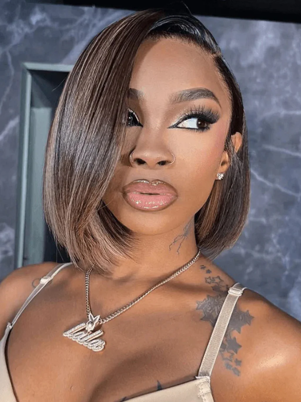 Dorsanee Brown Highlight Pixie Cut Short Bob Bone Straight Virgin Human Hair Wigs - Image 2