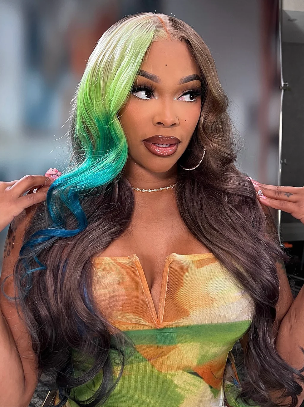 Dorsanee Brown With Ombre Blonde Green Blue Streaks 13x4 Lace Front Remy Human Hair Wigs