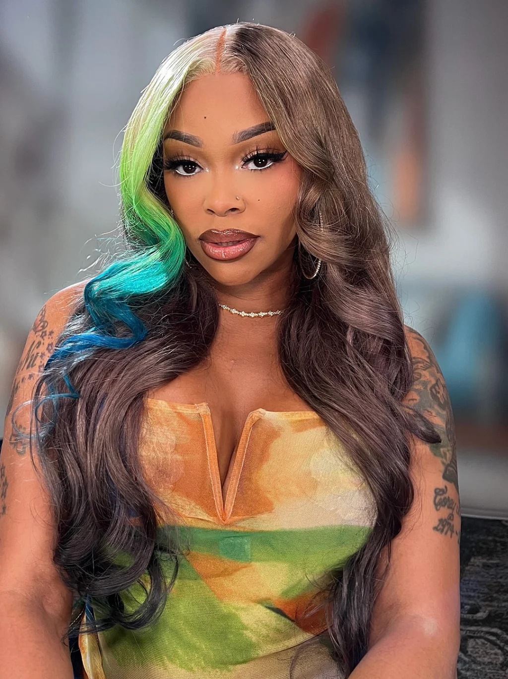 Dorsanee Brown With Ombre Blonde Green Blue Streaks 13x4 Lace Front Remy Human Hair Wigs - Image 4