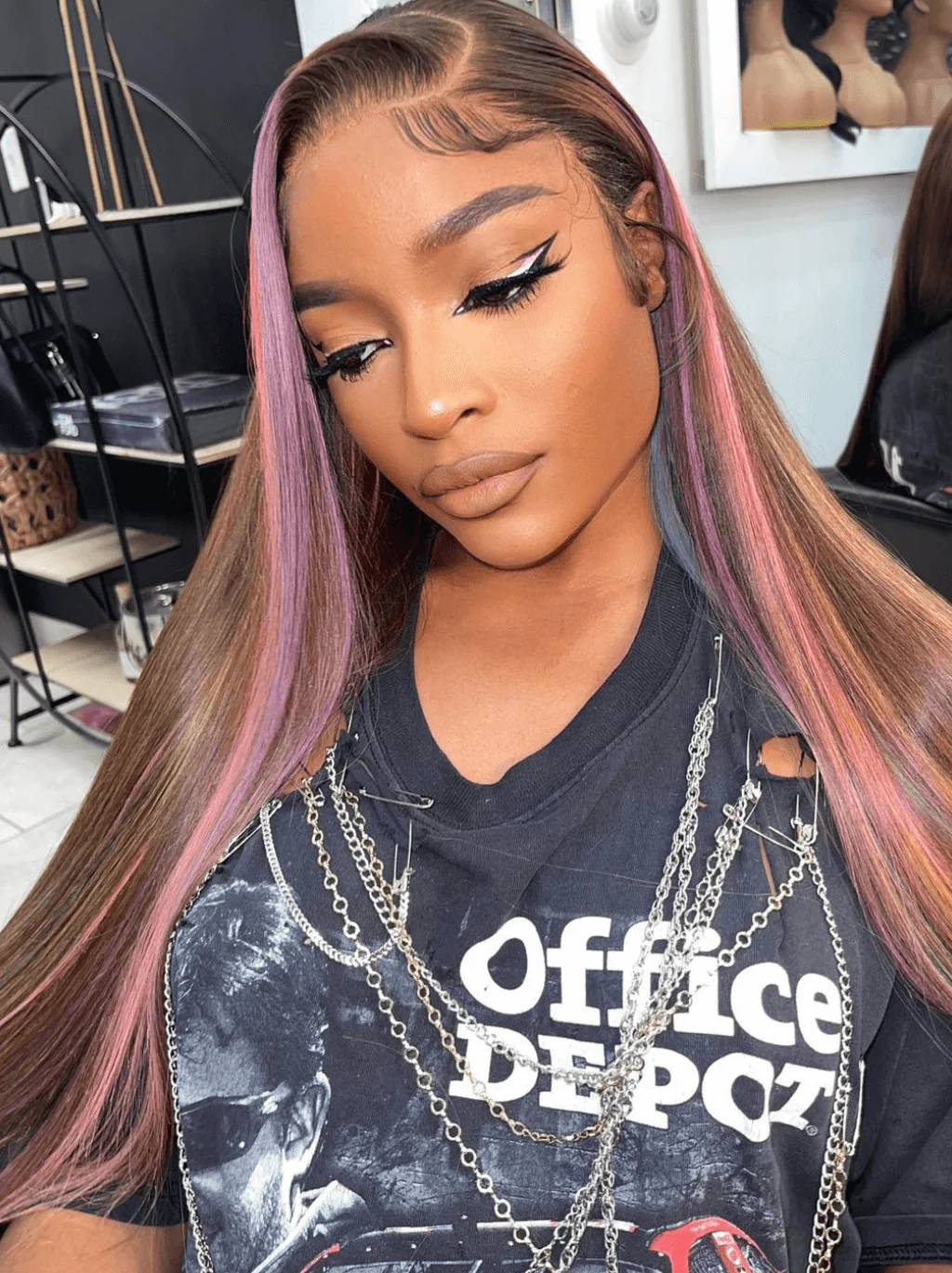 Dorsanee Brown With Pink Purple Streaks Bone Straight Virgin Human Hair Wigs - Image 3