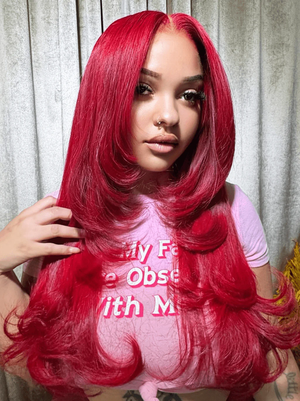 Dorsanee Burgundy 99J Red Layered Cut Bone Straight Lace Front Human Hair Wigs - Image 2
