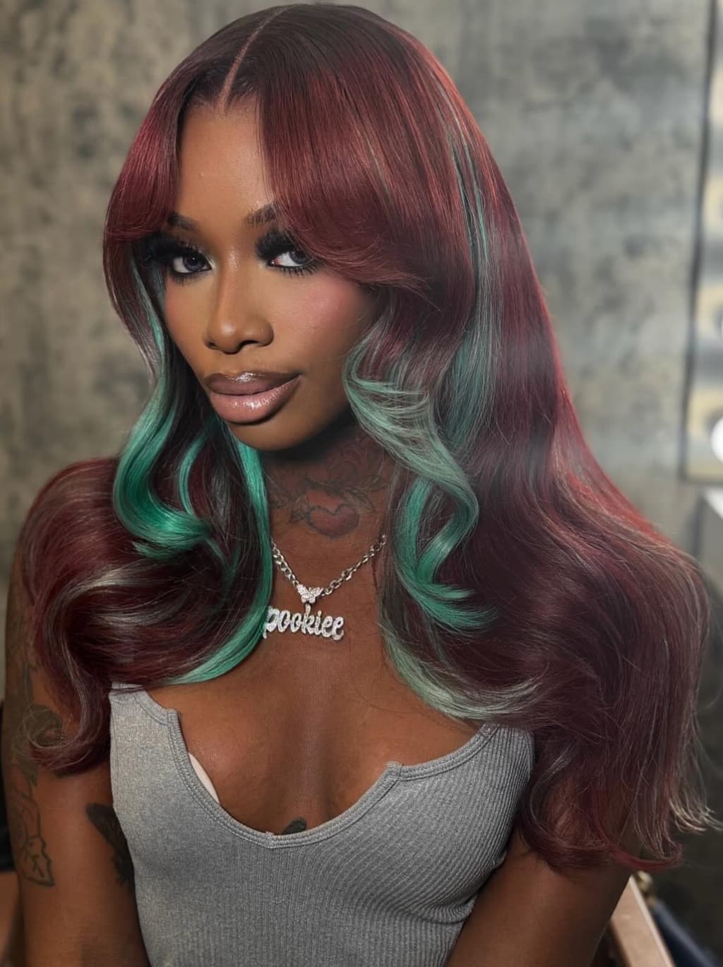 Dorsanee Burgundy Red With Green Highlights 13x4 Lace Front Virgin Human Hair Wigs 200 Density - Image 2