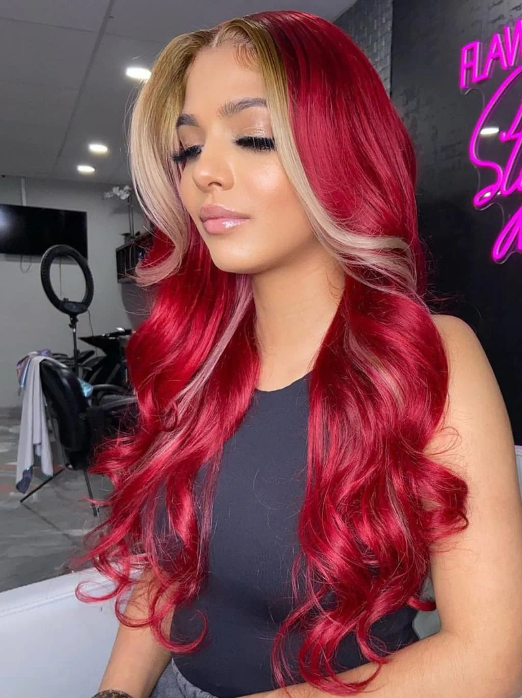 Dorsanee Burgundy Red With Honey Blonde Skunk Stripe 13x4 Lace Front Virgin Human Hair Wigs - Image 2