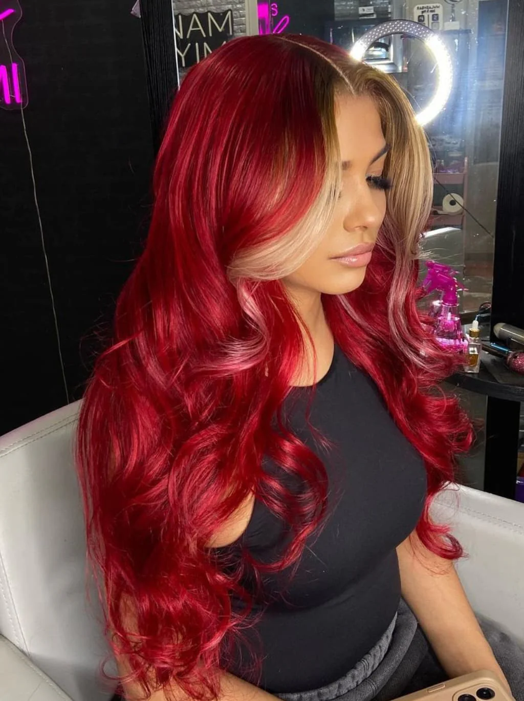 Dorsanee Burgundy Red With Honey Blonde Skunk Stripe 13x4 Lace Front Virgin Human Hair Wigs - Image 4