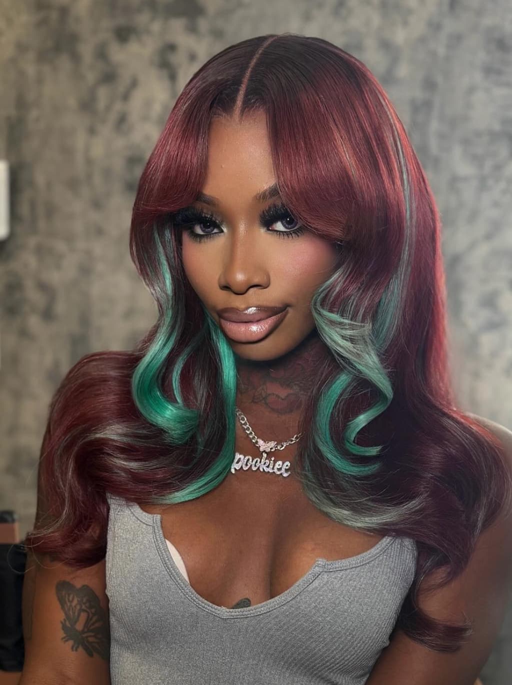 Dorsanee Burgundy Red With Pastel Green Highlights 13x4 Lace Front Virgin Human Hair Wigs - Image 2