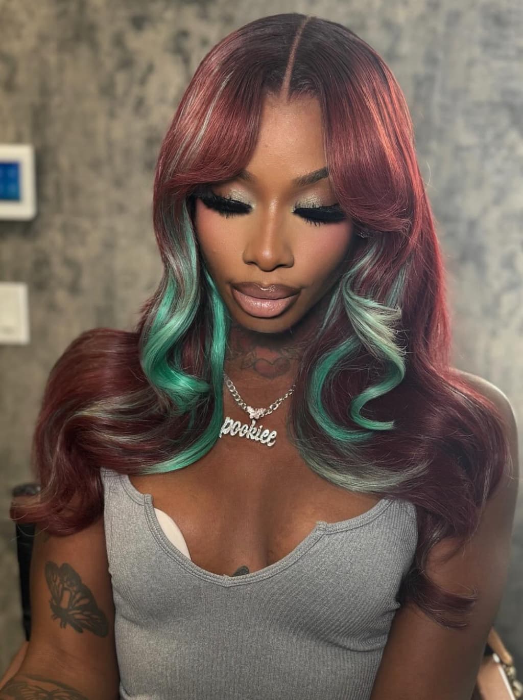 Dorsanee Burgundy Red With Pastel Green Highlights 13x4 Lace Front Virgin Human Hair Wigs - Image 3