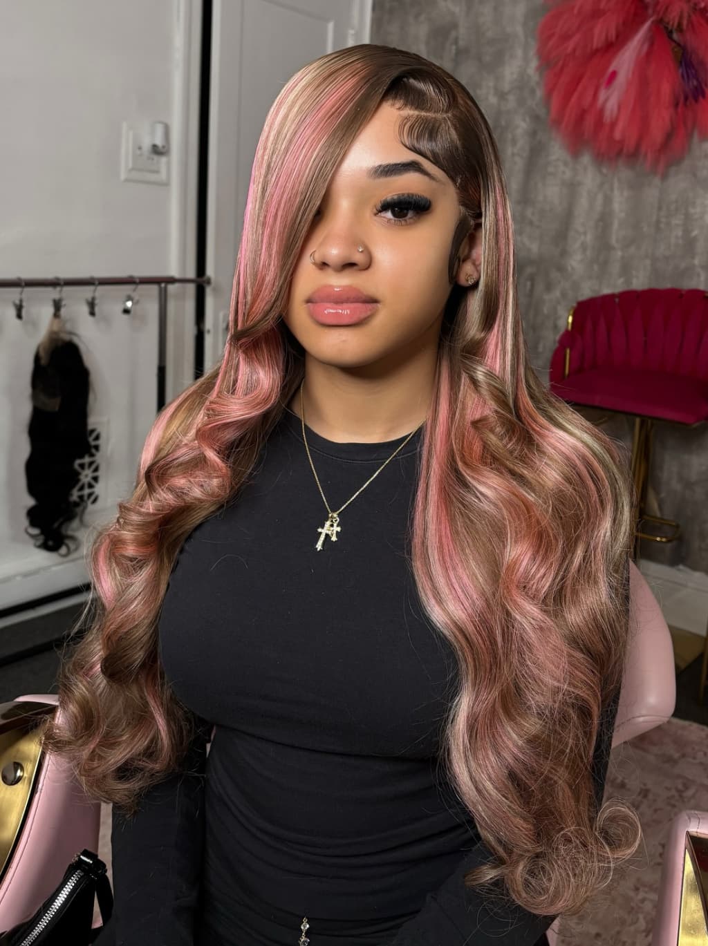 Dorsanee Chocolate Brow Pink Highlight Streaks 13x4 Lace Front Virgin Human Hair Wig - Image 2