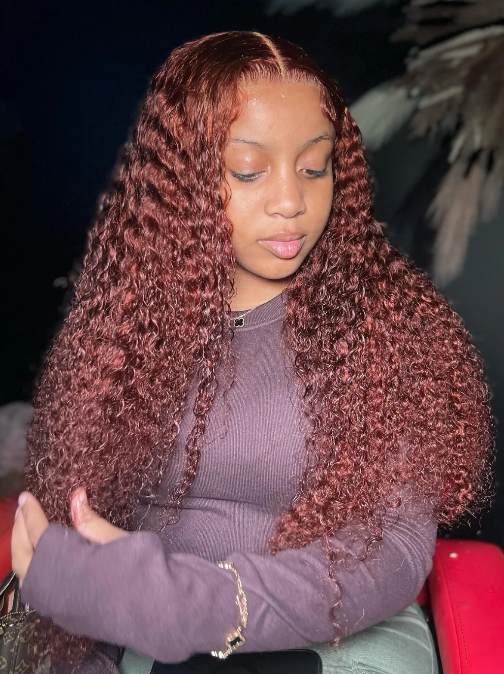 Dorsanee Chocolate Reddish Brown Jerry Curly 13x4 Lace Front Pre-plucked Human Hair Wig - Image 3