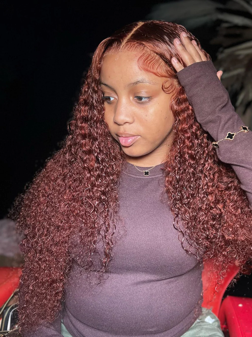 Dorsanee Chocolate Reddish Brown Jerry Curly 13x4 Lace Front Pre-plucked Human Hair Wig - Image 4