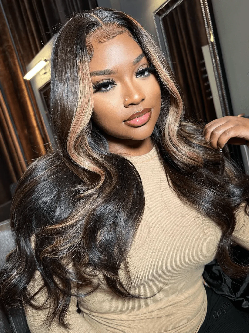 Dorsanee Cinnamon Brown Skunk Stripe Body Wave 13x4 Lace Front Human Hair Wigs - Image 3