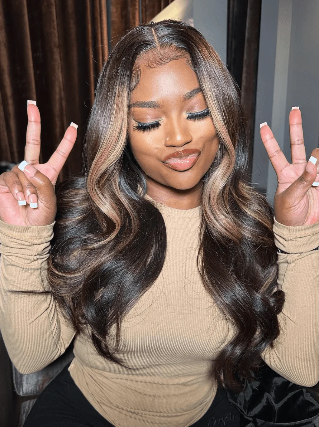 Dorsanee Cinnamon Brown Skunk Stripe Body Wave 13x4 Lace Front Human Hair Wigs - Image 4