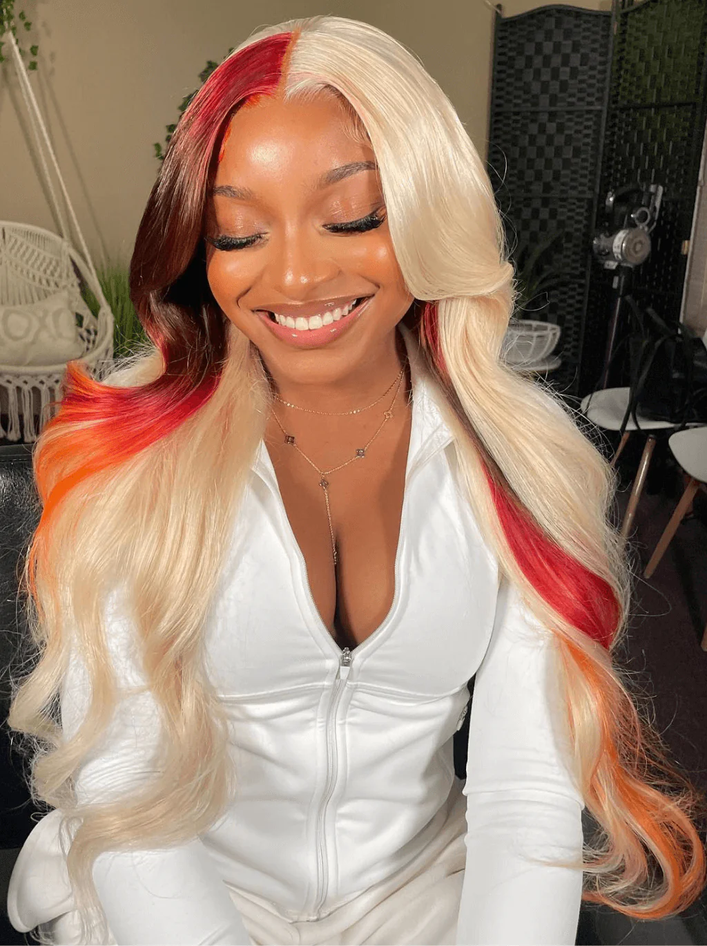 Dorsanee Cooper Red Brown Orange Streaks Color 200 Density Remy Human Hair Wig - Image 2